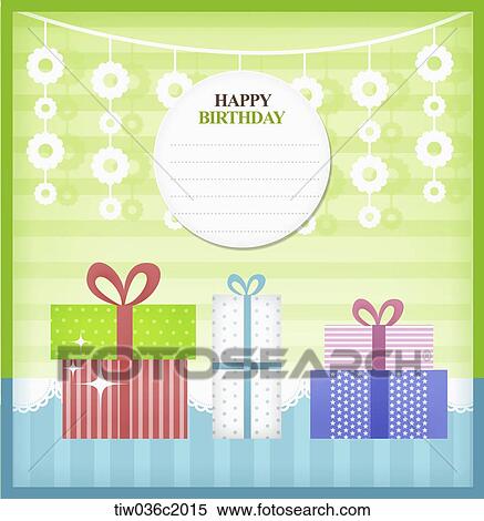 gift boxes and happy birthday card View Large Illustration Stock Illustration - gift boxes and happy birthday card. Fotosearch