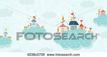 Stock Illustration - houses on the sky-blue clouds. Fotosearch