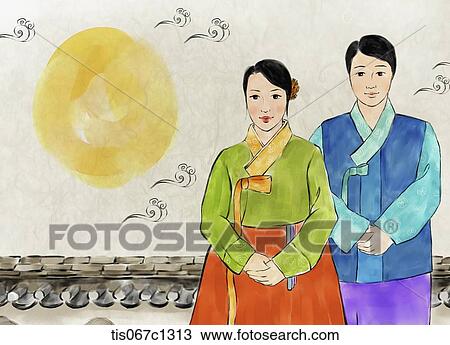 Drawing - illustration drawing of couple wearing Hanbok . Fotosearch