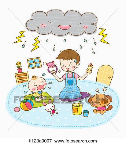 Stock Illustration - illustration of a father trying hard to play with a baby. Fotosearch