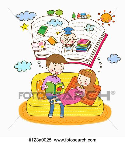 Stock Illustration - illustration of a husband reading a book to a pregnant wife. Fotosearch