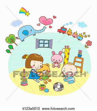 illustration of a kid playing with a baby View Large Illustration Drawing - illustration of a kid playing with a baby. Fotosearch