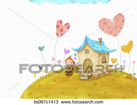 illustration of a kid sitting next to a house and heart flowers View Large Illustration Drawing - illustration of a kid sitting next to a house and heart flowers . Fotosearch