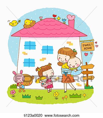 Clipart - illustration of a mother and kids going out for a walk. Fotosearch