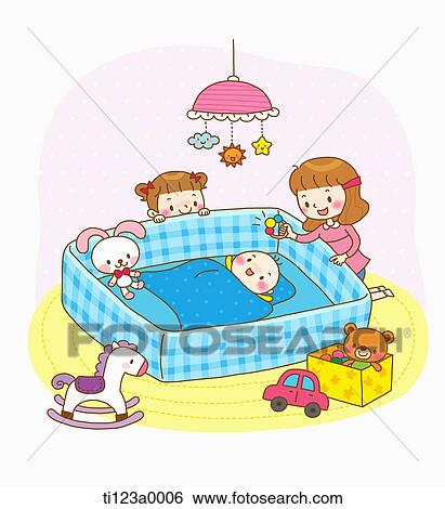 Stock Illustration - illustration of a mother and kids in a baby's room. Fotosearch