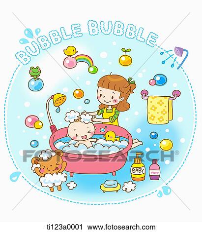 Clip Art - illustration of a mother bathing a baby. Fotosearch