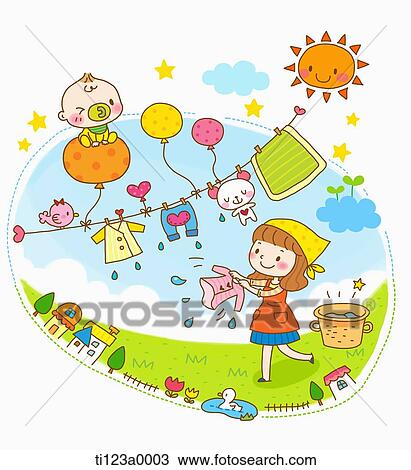 Drawing - illustration of a mother doing laundry. Fotosearch