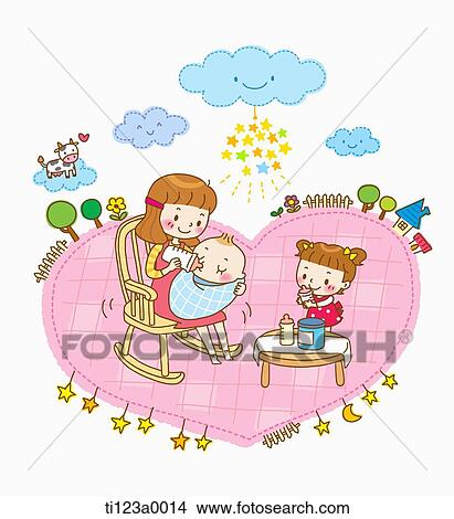 Stock Illustration - illustration of a mother feeding a baby and playing with a daughter. Fotosearch