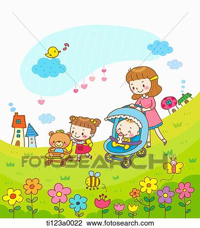 illustration of a mother kids going out View Large Illustration Drawing - illustration of a mother kids going out. Fotosearch