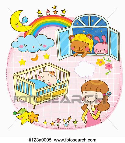 Stock Illustration - illustration of a mother smiling at baby sleeping. Fotosearch