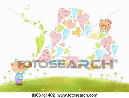 Drawing - illustration of a pig blowing hearts . Fotosearch