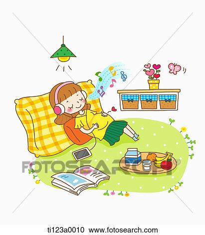 Clipart - illustration of a pregnant woman listening to a music. Fotosearch