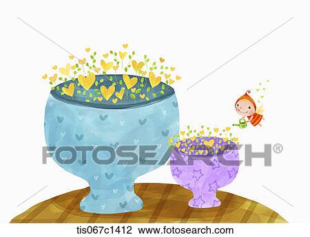 Drawing - illustration of a vase with heart flowers . Fotosearch