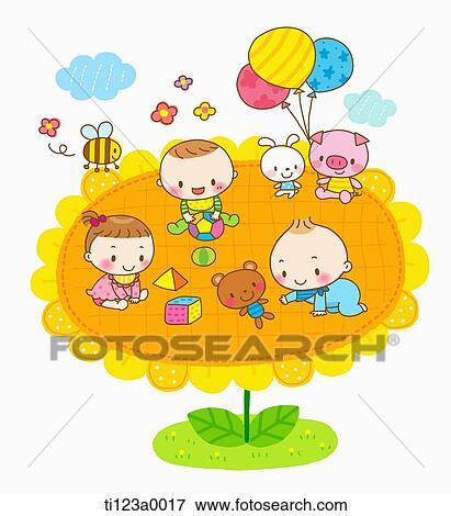 Stock Illustration - illustration of babies playing on sunflower. Fotosearch
