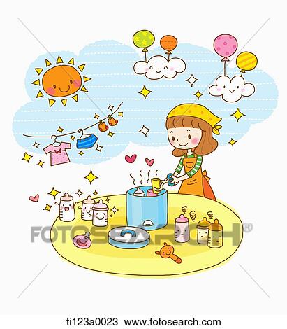 illustration of cleaning baby's milk bottle View Large Illustration Drawing - illustration of cleaning baby's milk bottle. Fotosearch