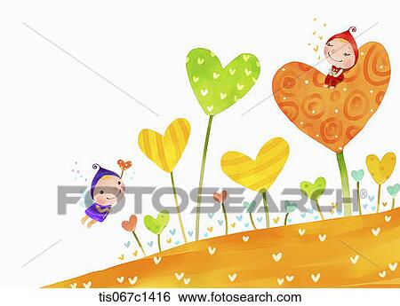 illustration of fairies and heart shaped flower View Large Illustration Stock Illustration - illustration of fairies and heart shaped flower . Fotosearch