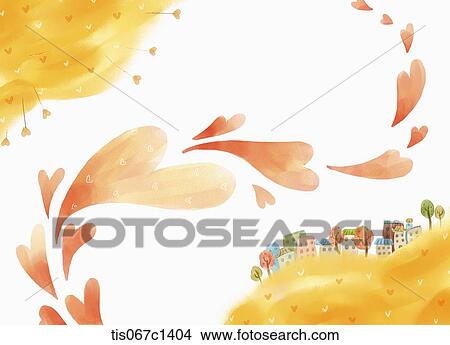 Stock Illustration - illustration of heart shapes over a village. Fotosearch