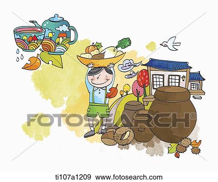 kid carrying a basket of vegetables View Large Illustration Stock Illustration - kid carrying a basket of vegetables. Fotosearch