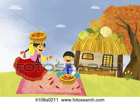 Clip Art - kids drying red hot peppers in the yard . Fotosearch