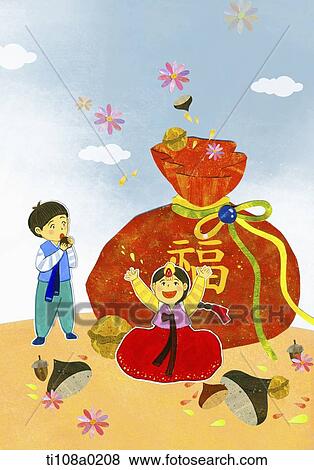 kids playing around the Korean traditional pocket View Large Illustration Stock Illustration - kids playing around the Korean traditional pocket. Fotosearch