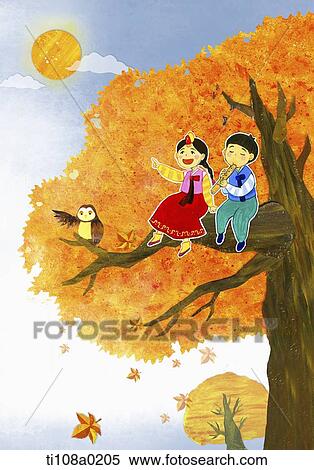 Stock Illustration - kids sitting on the tree . Fotosearch