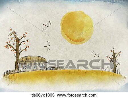 Korean illustration drawing of a scenery in autumn on Hanji View Large Illustration Drawing - Korean illustration drawing of a scenery in autumn on Hanji . Fotosearch