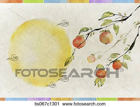 Clip Art - Korean illustration drawing of persimmon tree on Hanji . Fotosearch