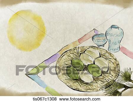 Stock Illustration - Korean illustration drawing of rice cake on a plate . Fotosearch