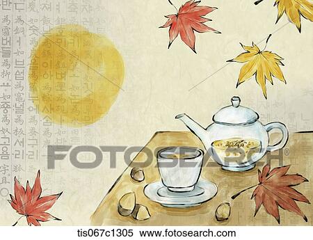 Stock Illustration - Korean illustration drawing of teapot and a tea cup . Fotosearch