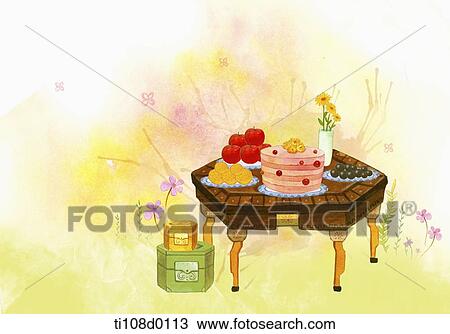 Korean-styled table with wine and some side dishes View Large Illustration Drawing - Korean-styled table with wine and some side dishes . Fotosearch
