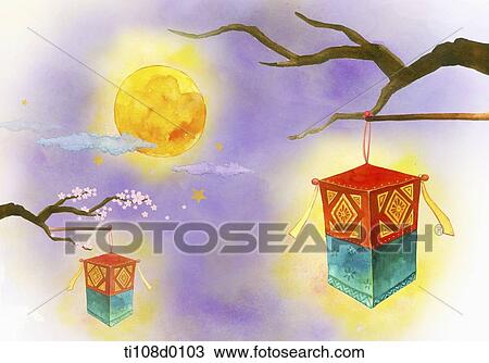 Drawing - Korean traditional lanterns on the trees. Fotosearch