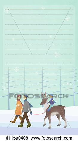letter paper with family and deer View Large Illustration Stock Illustration - letter paper with family and deer . Fotosearch