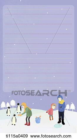 Stock Illustration - letter paper with family feeding penguins . Fotosearch