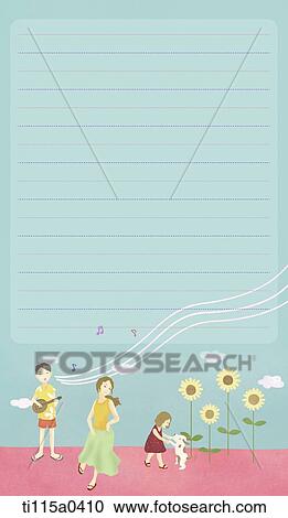 Clipart - letter paper with family playing music and dancing . Fotosearch