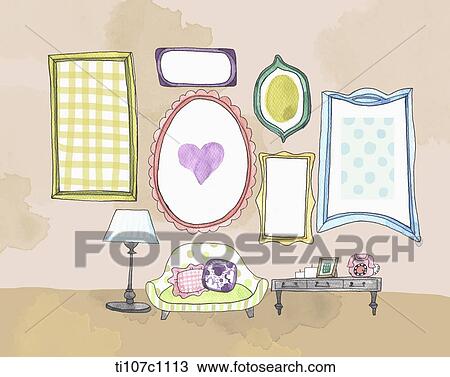 Drawing - letter paper with frames and mirrors in the living room . Fotosearch