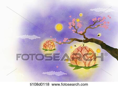 Stock Illustration - lotus lanterns on the tree. Fotosearch