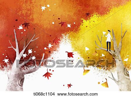 Stock Illustration - man standing on the tree in autumn forest. Fotosearch