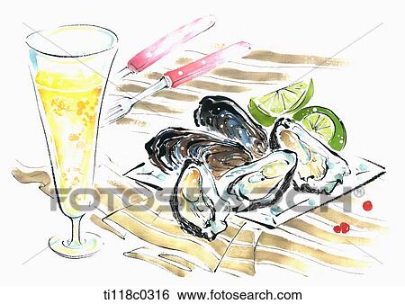 oyster and a cup of juice View Large Illustration Stock Illustration - oyster and a cup of juice. Fotosearch
