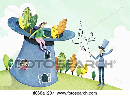 Stock Illustration - people around a big hat with music. Fotosearch