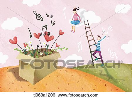 Stock Illustration - people in the ladder looking over a music box. Fotosearch