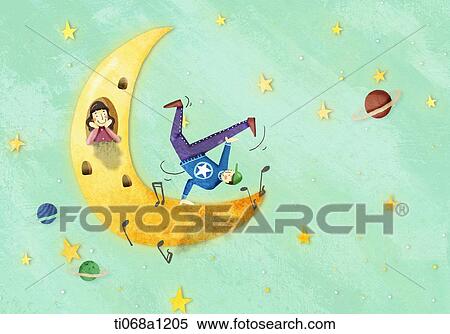 Stock Illustration - people in the moon with music. Fotosearch