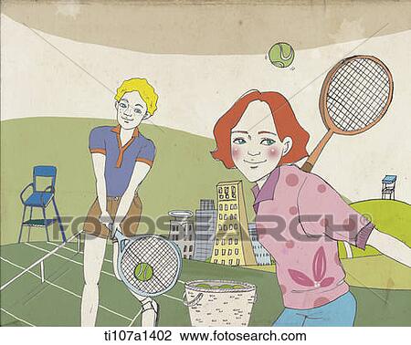 Drawing - people playing tennis. Fotosearch