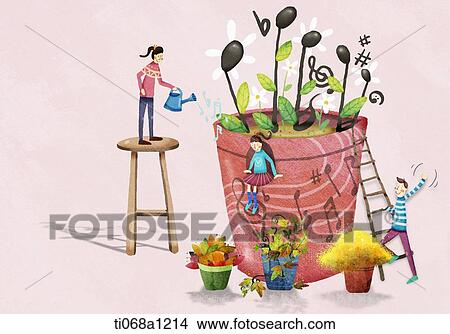 Stock Illustration - people watering a big pot with notes. Fotosearch