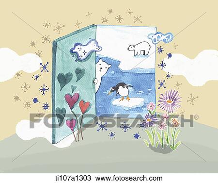 Drawing - polar bears and penguin in the book . Fotosearch