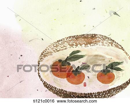 Stock Illustration - ripe persimmons in the basket. Fotosearch