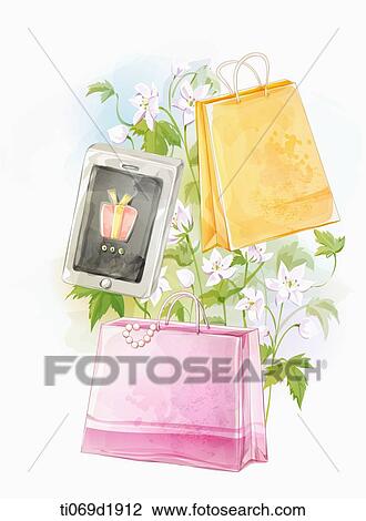 Drawing - smartphone and bags. Fotosearch