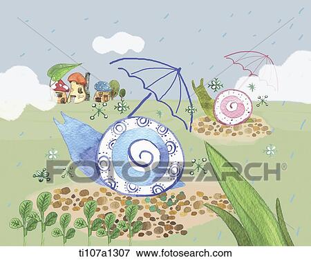 snails with umbrellas View Large Illustration Stock Illustration - snails with umbrellas . Fotosearch
