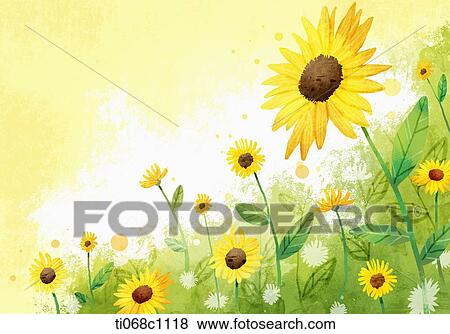 sunflowers in the field View Large Illustration Stock Illustration - sunflowers in the field . Fotosearch