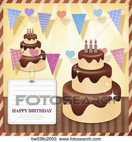 Drawing - three-story cake and happy birthday card. Fotosearch