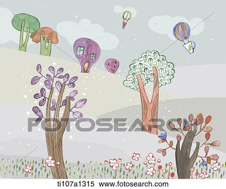 Stock Illustration - trees on the hill and balloons in the sky . Fotosearch